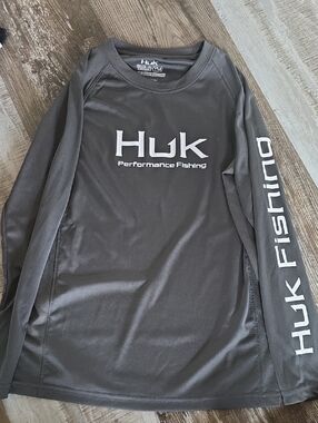 Huk Gray Performance Fishing Long Sleeve Shirt with White Logos